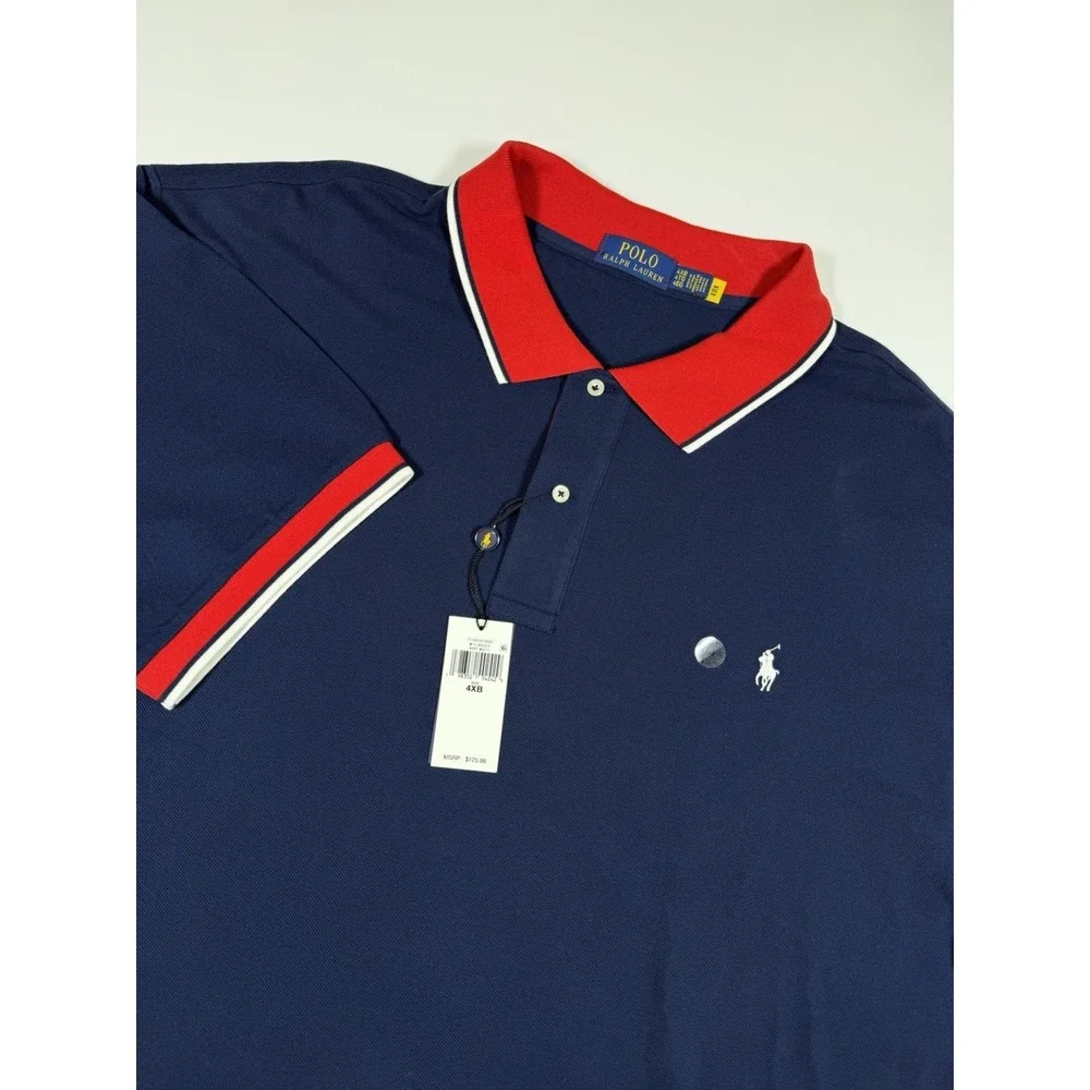 Polo Ralph Lauren Men's 4XB Tipped White Pony Navy Red Multi Polo Shirt NWT $125